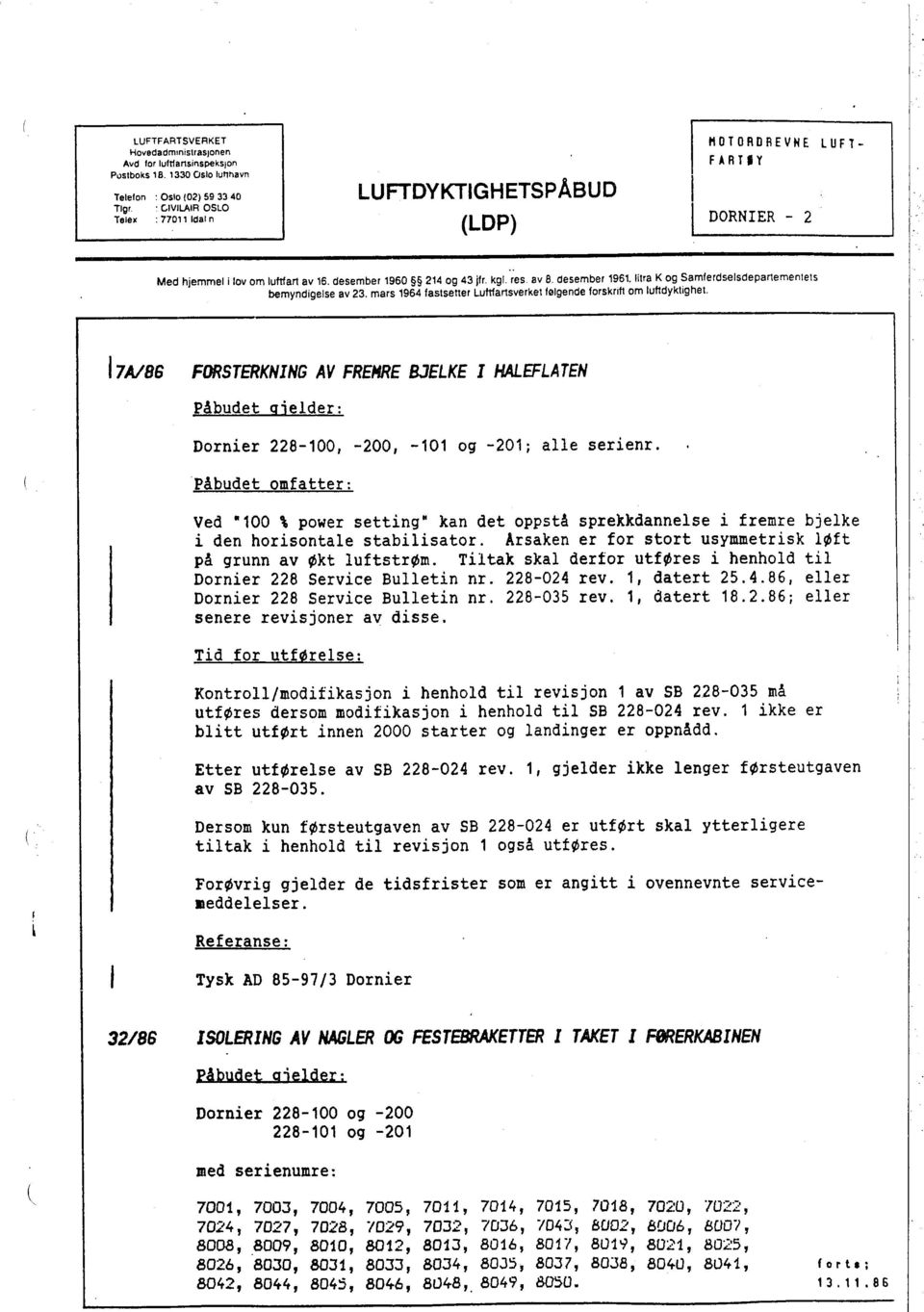 lilra K og Samferdselsdepartementets bemyndigelse av 23. mars 1964 fastsetter Lufnartsverket følgende forskrift om luftdyktìghei.
