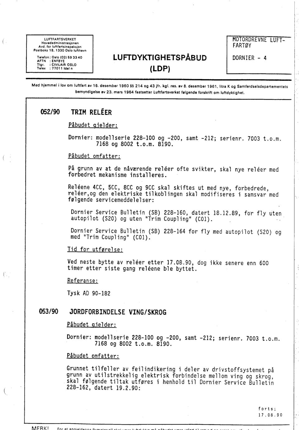 I tra K og Samferdselsdepartementets bemyndigelse liv 23. mars 1964 fastsetter luftfartsverket følgende forskrift om luftdyktighet.