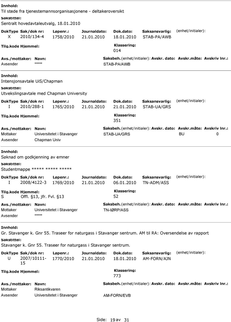 TAB-A/GR B 0 Chapman niv øknad om godkjenning av emner tudentmappe 2008/4122-3 1769/2010 06.01.2010 TN-ADM/A TN-ØR/A Gr. tavanger k. Gnr 55.