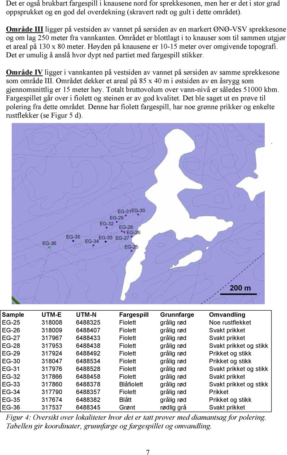 Området er blottlagt i to knauser som til sammen utgjør et areal på 130 x 80 meter. Høyden på knausene er 10-15 meter over omgivende topografi.