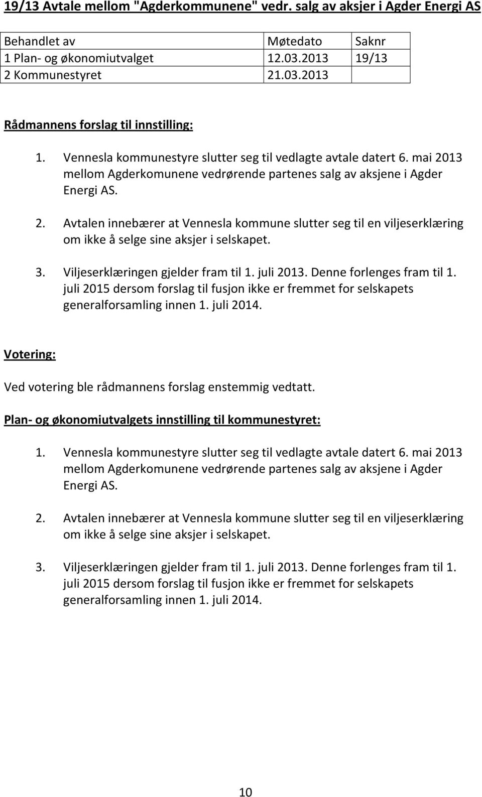 3. Viljeserklæringen gjelder fram til 1. juli 2013. Denne forlenges fram til 1. juli 2015 dersom forslag til fusjon ikke er fremmet for selskapets generalforsamling innen 1. juli 2014.