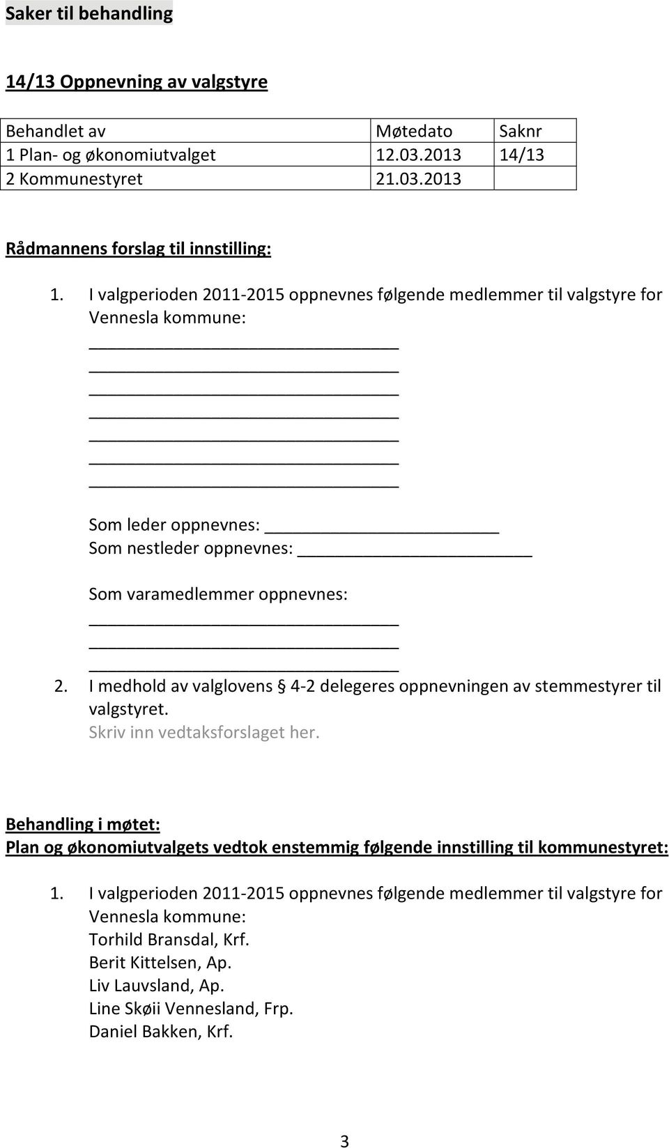 I valgperioden 2011 2015 oppnevnes følgende medlemmer til valgstyre for Vennesla kommune: Som leder oppnevnes: Som nestleder oppnevnes: Som varamedlemmer oppnevnes: 2.