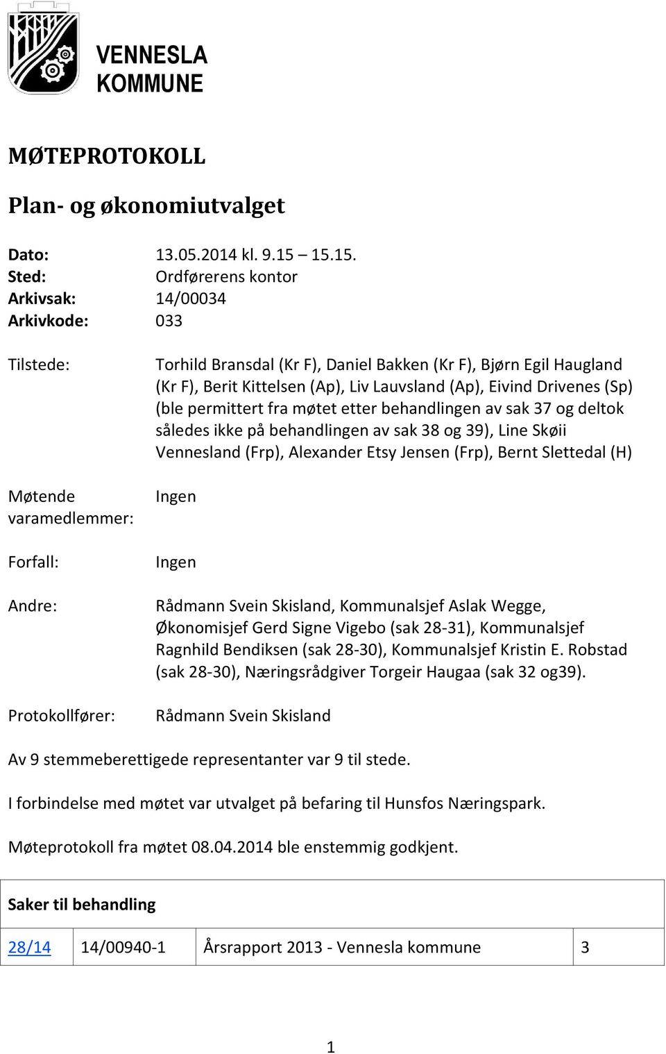 (Kr F), Berit Kittelsen (Ap), Liv Lauvsland (Ap), Eivind Drivenes (Sp) (ble permittert fra møtet etter behandlingen av sak 37 og deltok således ikke på behandlingen av sak 38 og 39), Line Skøii