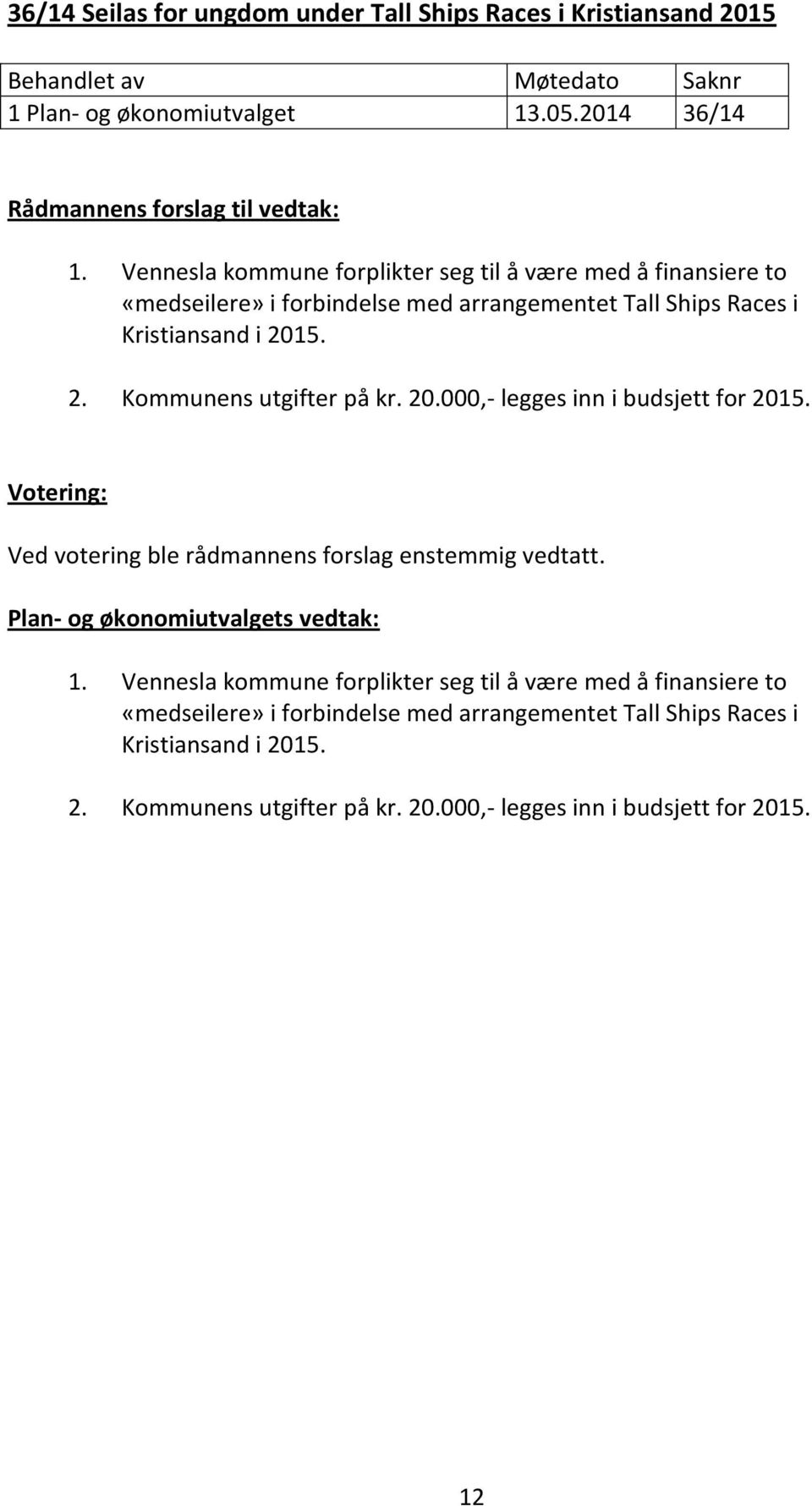 15. 2. Kommunens utgifter på kr. 20.000,- legges inn i budsjett for 2015. Plan- og økonomiutvalgets vedtak: 1. 15. 2. Kommunens utgifter på kr. 20.000,- legges inn i budsjett for 2015. 12