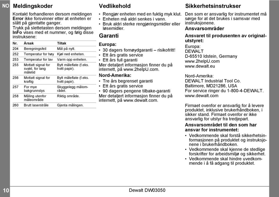 53 Temperatur for lav Varm opp enheten. 55 Mottatt signal for svakt, for lang måletid 56 Mottatt signal for kraftig 57 For mye bakgrunnslys 58 Måling utenfor måleområde Bytt måleflate (f.eks.