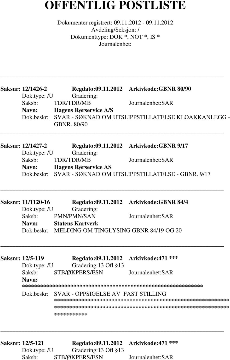 2012 Arkivkode:GBNR 9/17 Saksb: TDR/TDR/MB SAR Hagens Rørservice AS Dok.beskr: SVAR - SØKNAD OM UTSLIPPSTILLATELSE - GBNR. 9/17 Saksnr: 11/