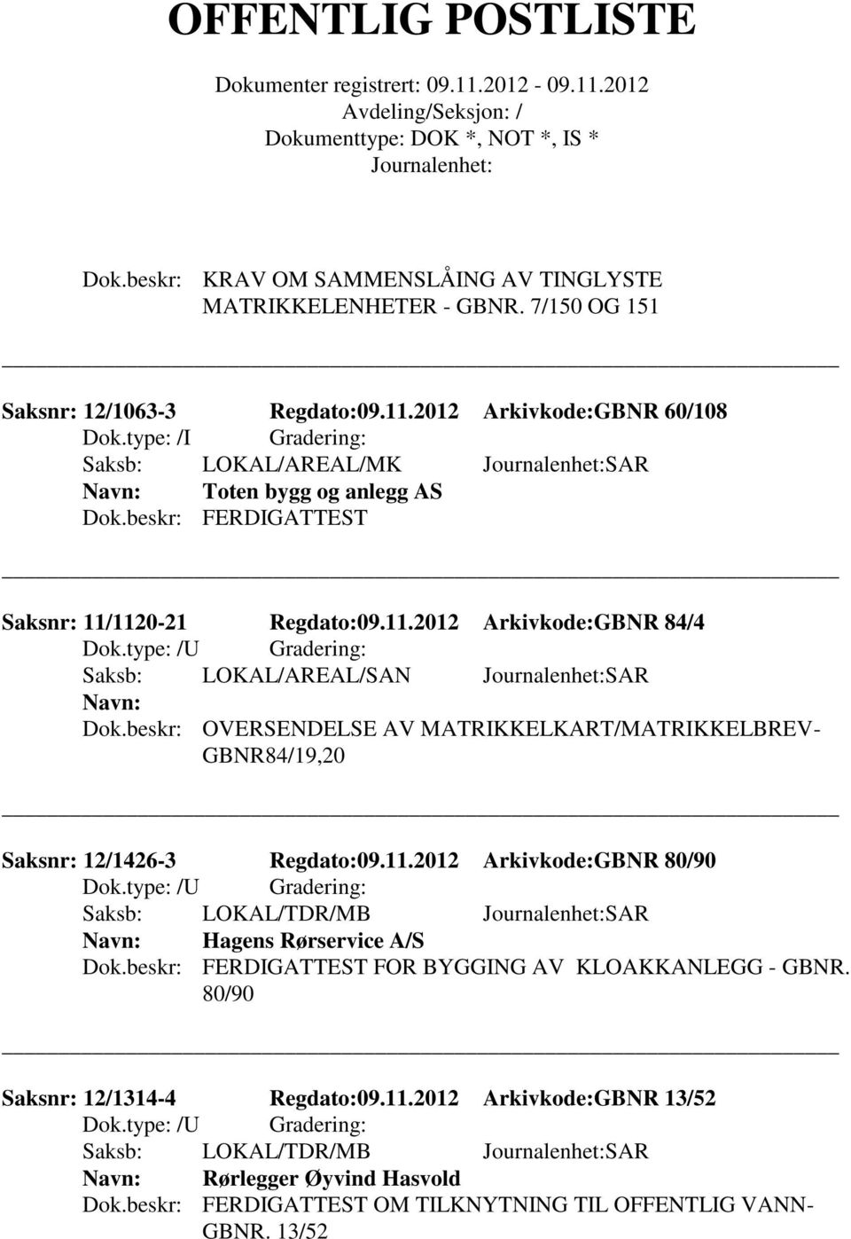 beskr: OVERSENDELSE AV MATRIKKELKART/MATRIKKELBREV- GBNR84/19,20 Saksnr: 12/1426-3 Regdato:09.11.2012 Arkivkode:GBNR 80/90 Saksb: LOKAL/TDR/MB SAR Hagens Rørservice A/S Dok.