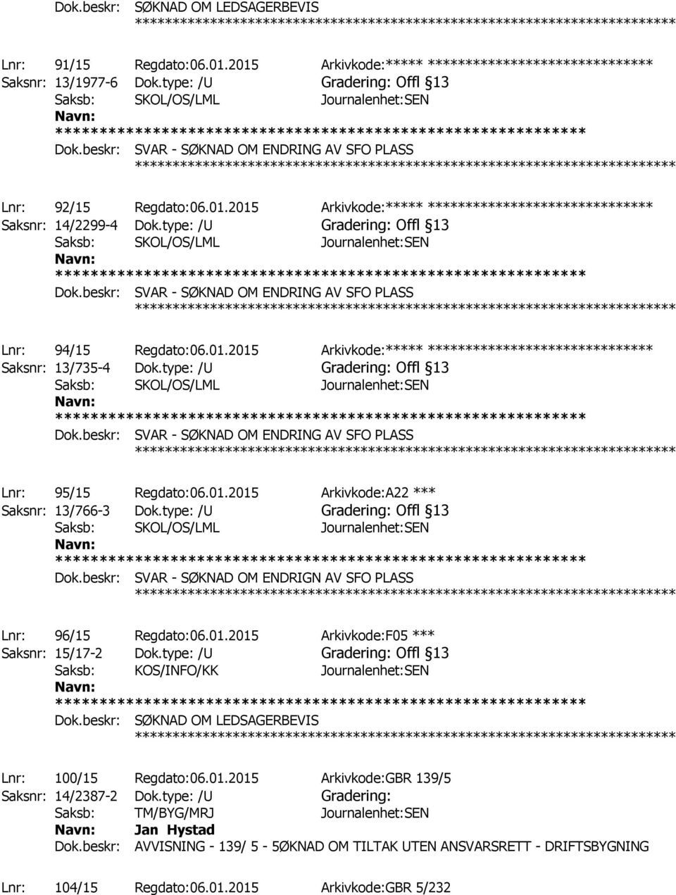 beskr: SVAR - SØKNAD OM ENDRING AV SFO PLASS Lnr: 94/15 Regdato:06.01.2015 Arkivkode:***** ****************************** Saksnr: 13/735-4 Dok.type: /U Gradering: Offl 13 Dok.