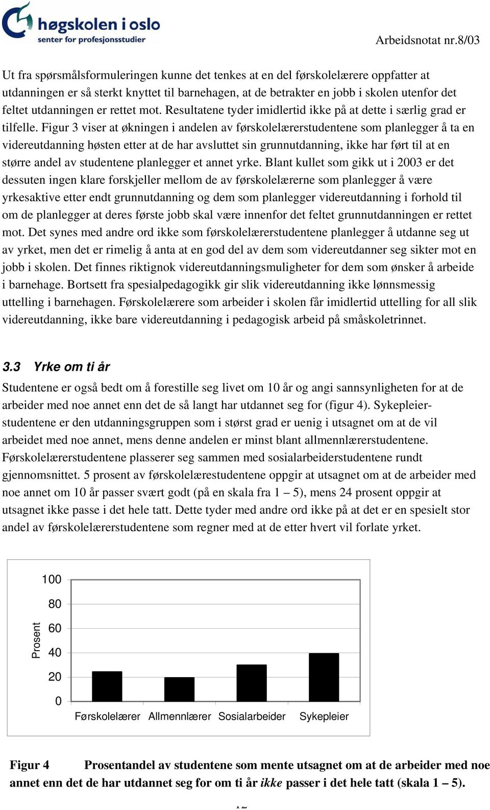 Figur 3 viser at økningen i andelen av førskolelærerstudentene som planlegger å ta en videreutdanning høsten etter at de har avsluttet sin grunnutdanning, ikke har ført til at en større andel av