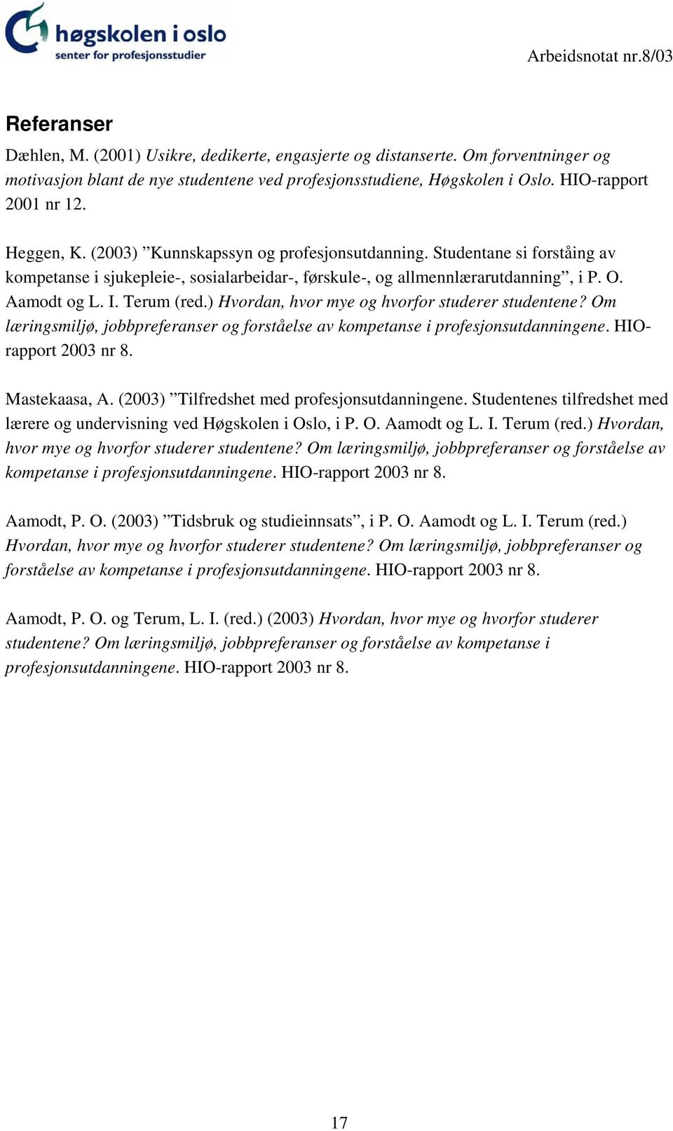 ) Hvordan, hvor mye og hvorfor studerer studentene? Om læringsmiljø, jobbpreferanser og forståelse av kompetanse i profesjonsutdanningene. HIOrapport 2003 nr 8. Mastekaasa, A.