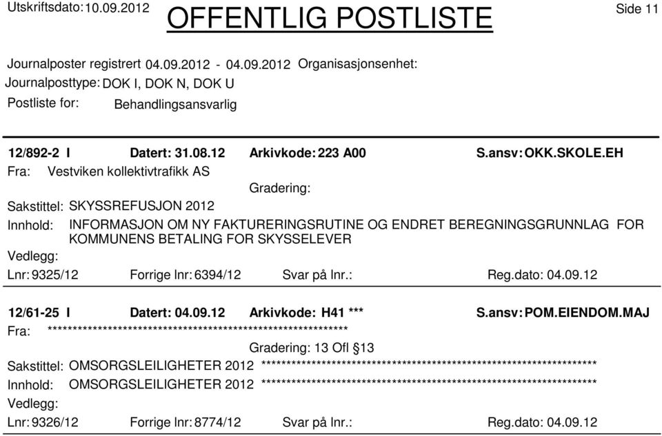 BEREGNINGSGRUNNLAG FOR KOMMUNENS BETALING FOR SKYSSELEVER Lnr: 9325/12 Forrige lnr: 6394/12 Svar på lnr.: Reg.dato: 04.09.