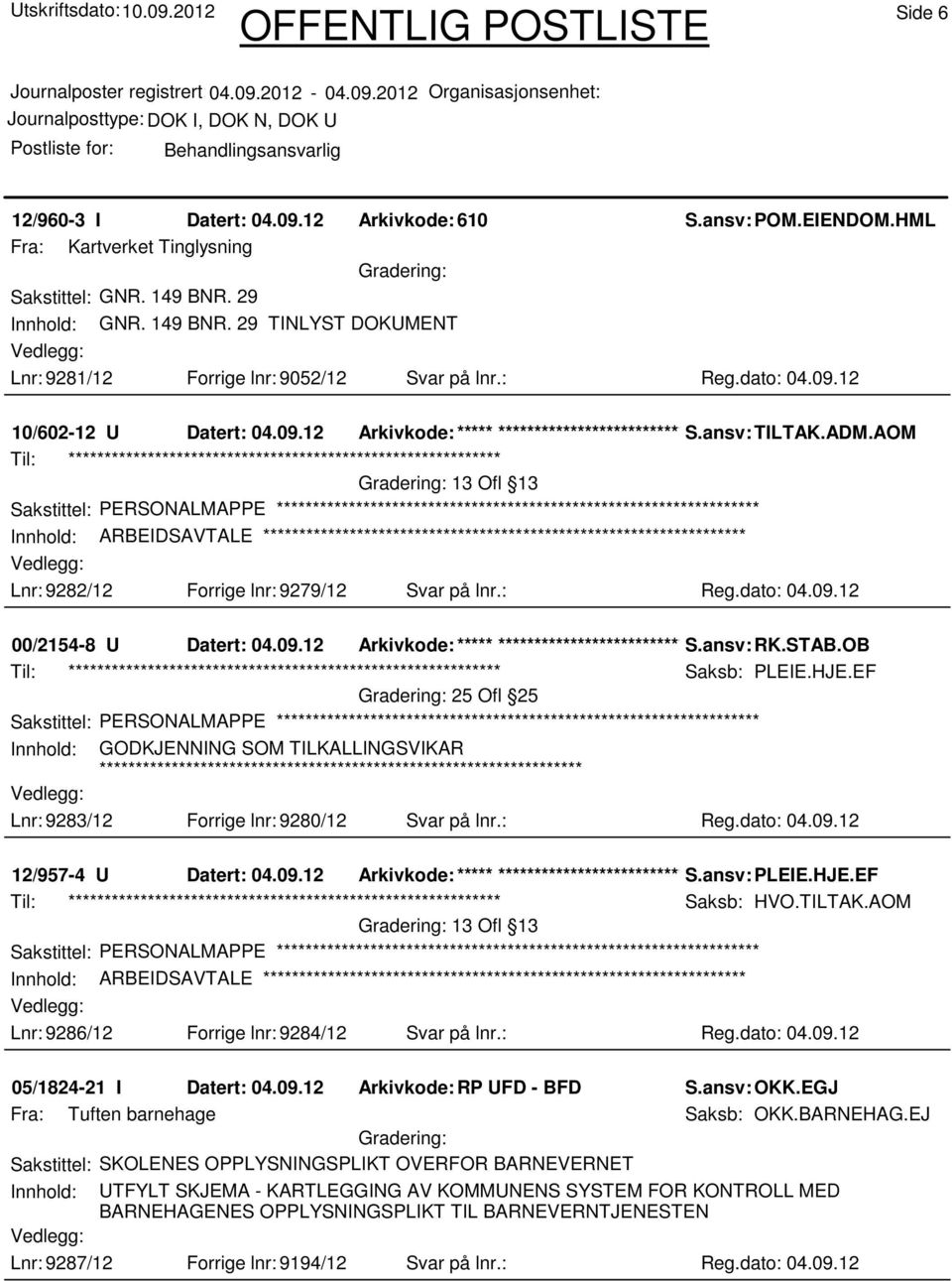 AOM 13 Ofl 13 Sakstittel: PERSONALMAPPE Innhold: ARBEIDSAVTALE Lnr: 9282/12 Forrige lnr: 9279/12 Svar på lnr.: Reg.dato: 04.09.12 00/2154-8 U Datert: 04.09.12 Arkivkode:***** ****************************** S.