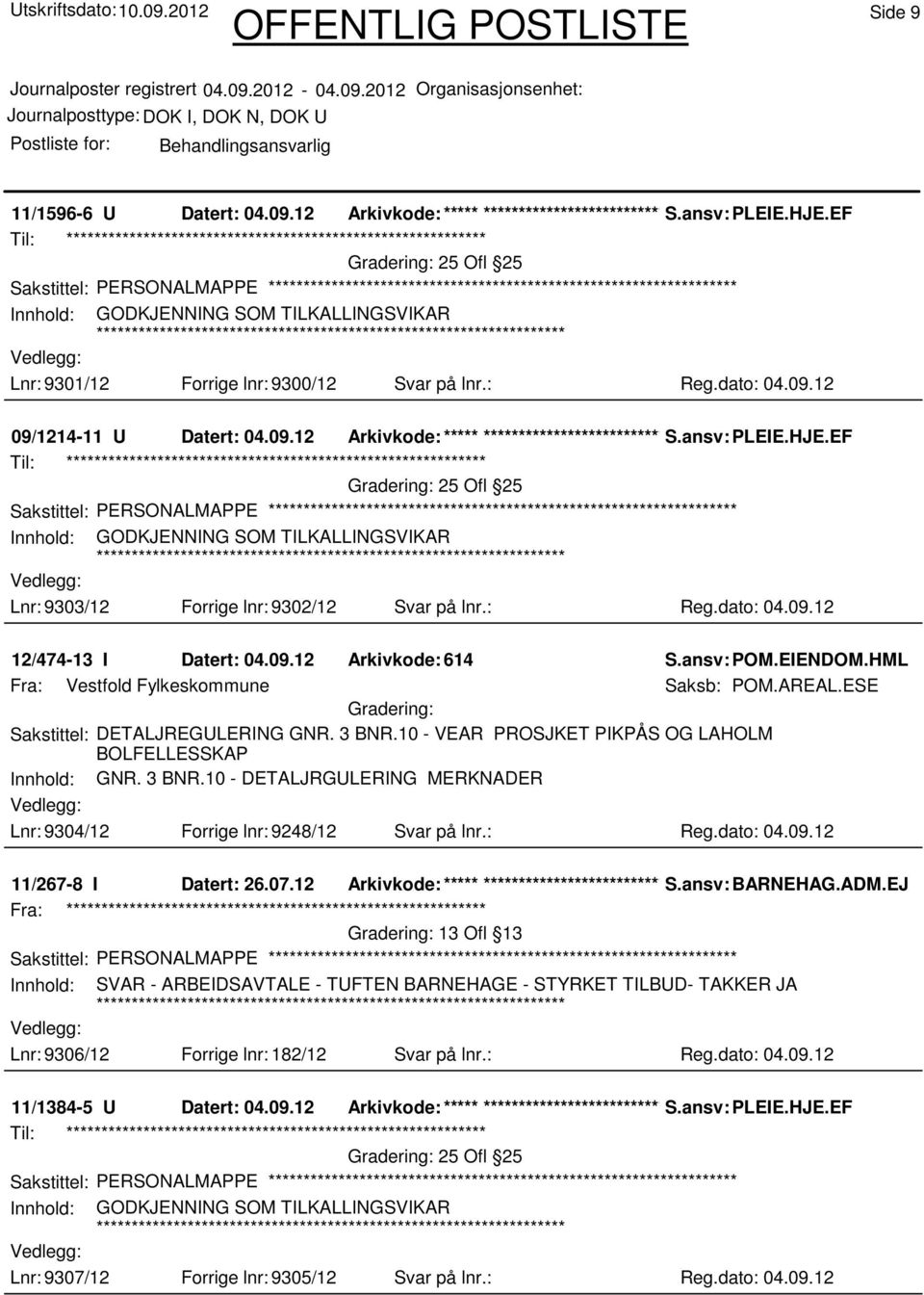 : Reg.dato: 04.09.12 12/474-13 I Datert: 04.09.12 Arkivkode:614 S.ansv: POM.EIENDOM.HML Fra: Vestfold Fylkeskommune Saksb: POM.AREAL.ESE Sakstittel: DETALJREGULERING GNR. 3 BNR.