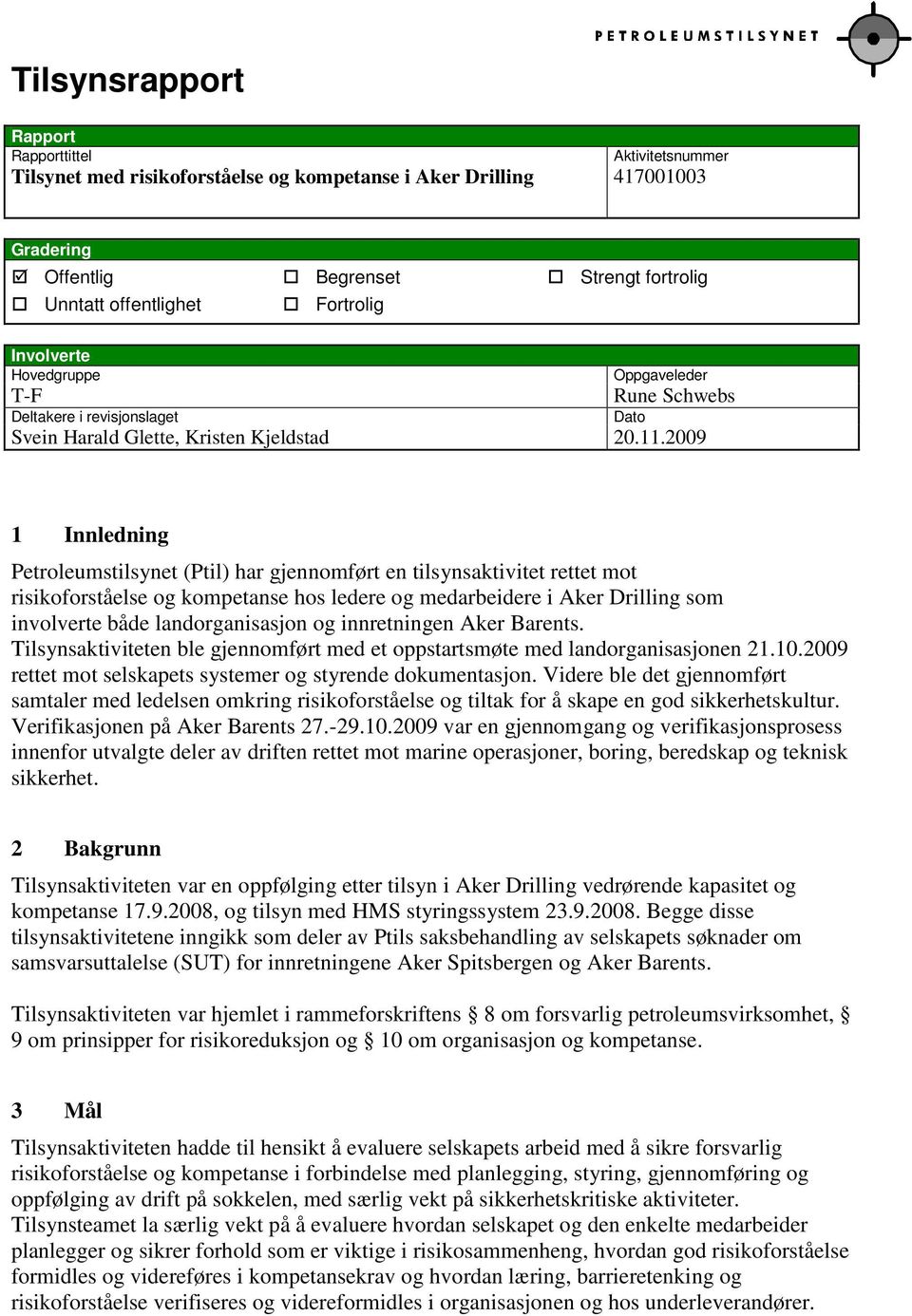 2009 Dato 1 Innledning Petroleumstilsynet (Ptil) har gjennomført en tilsynsaktivitet rettet mot risikoforståelse og kompetanse hos ledere og medarbeidere i Aker Drilling som involverte både