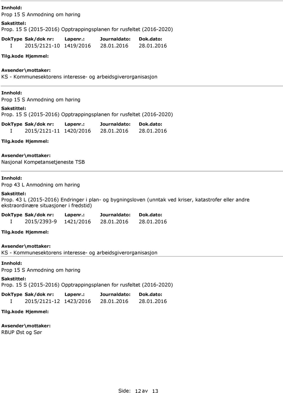 for rusfeltet (2016-2020) 2015/2121-11 1420/2016 Nasjonal Kompetansetjeneste TSB Prop 43 L Anmodning om høring Prop.