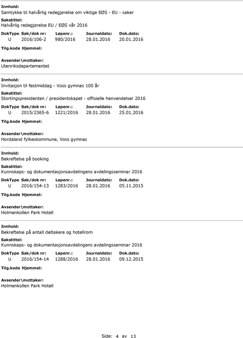 2016 2015/2365-6 1221/2016 25.01.2016 Hordaland fylkeskommune, Voss gymnas Bekreftelse på booking Kunnskaps- og dokumentasjonsavdelingens avdelingsseminar 2016 2016/154-13 1283/2016 05.