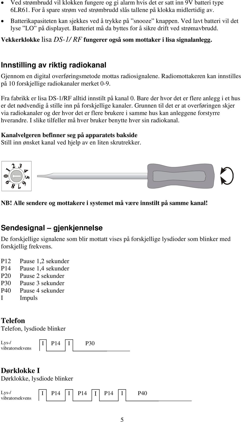 Vekkerklokke lisa DS-1/ RF fungerer også som mottaker i lisa signalanlegg. Innstilling av riktig radiokanal Gjennom en digital overføringsmetode mottas radiosignalene.