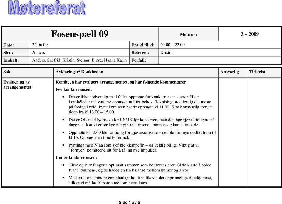 evaluert arrangementet, og har følgende kommentarer: Før konkurransen: Det er ikke nødvendig med felles oppmøte før konkurransen starter. Hver komitéleder må vurdere oppmøte ut i fra behov.