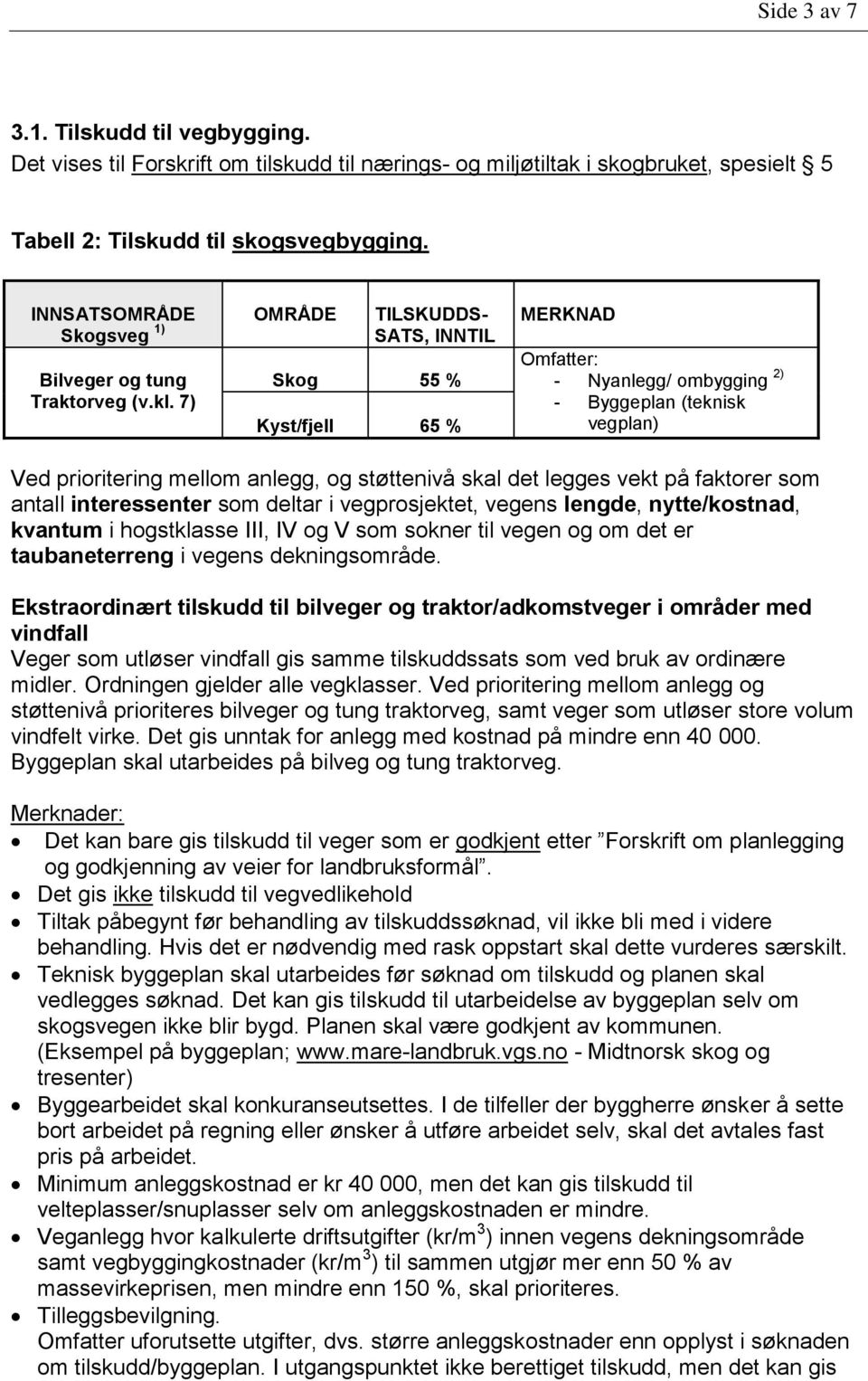 7) Skog 55 % Kyst/fjell 65 % MERKNAD Omfatter: - Nyanlegg/ ombygging 2) - Byggeplan (teknisk vegplan) Ved prioritering mellom anlegg, og støttenivå skal det legges vekt på faktorer som antall