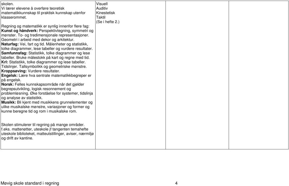 Naturfag: Vei, fart og tid. Målenheter og statistikk, tolke diagrammer, lese tabeller og vurdere resultater. Samfunnsfag: Statistikk, tolke diagrammer og lese tabeller.