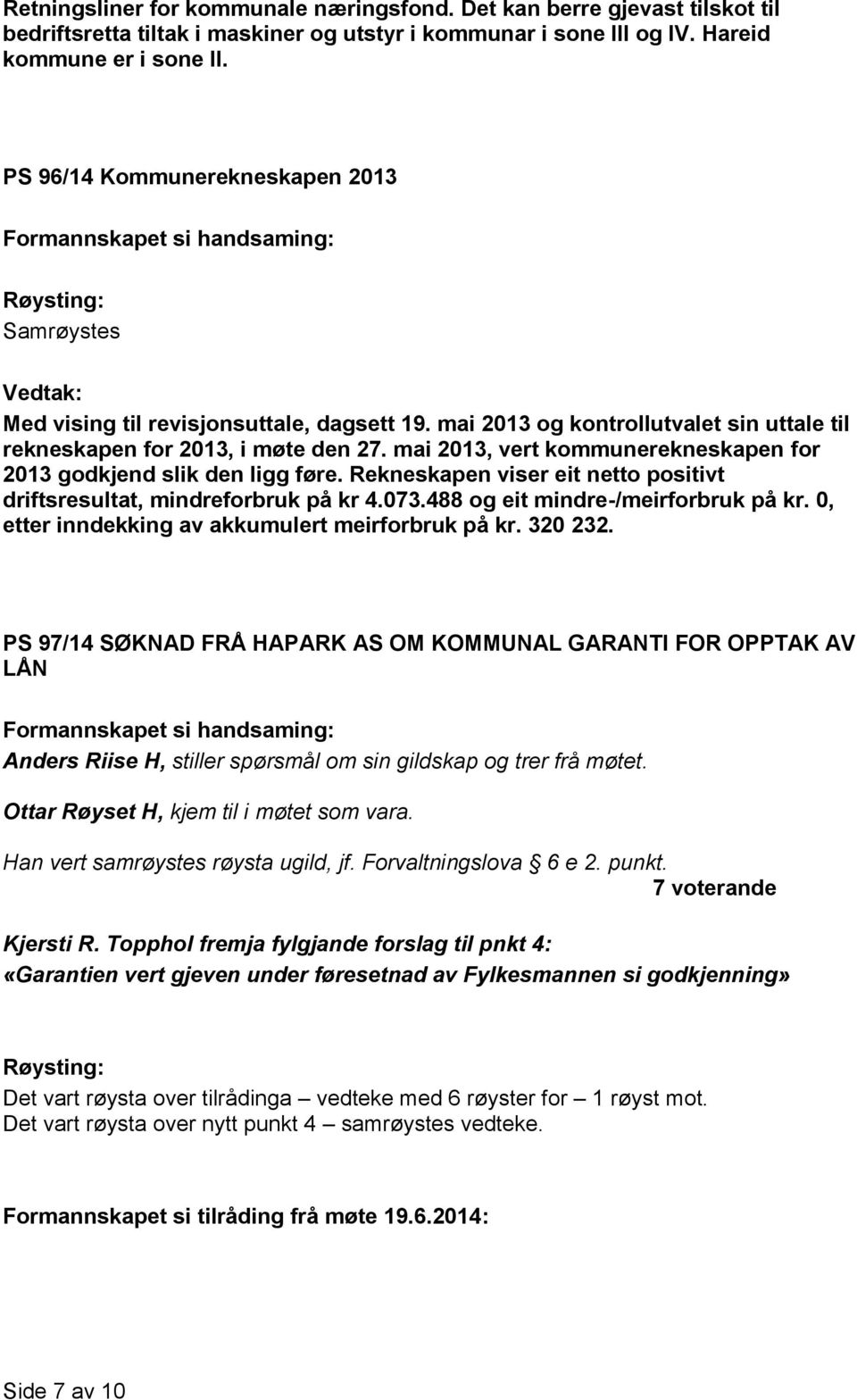 mai 2013, vert kommunerekneskapen for 2013 godkjend slik den ligg føre. Rekneskapen viser eit netto positivt driftsresultat, mindreforbruk på kr 4.073.488 og eit mindre-/meirforbruk på kr.