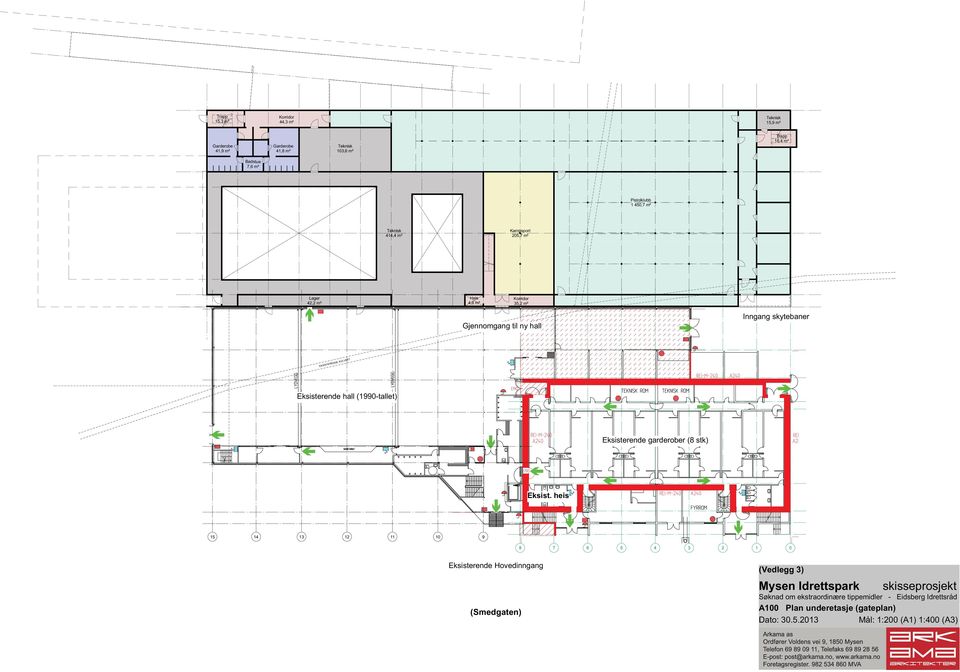 Gjennomgang til ny hall Inngang skytebaner Eksisterende garderober (8 stk) Eksist.