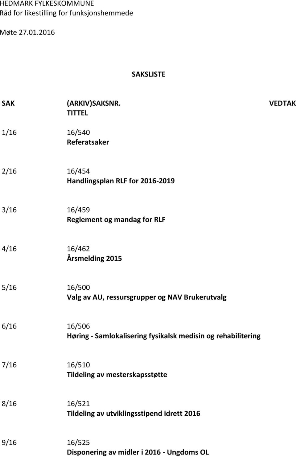 for RLF 4/16 16/462 Årsmelding 2015 5/16 16/500 Valg av AU, ressursgrupper og NAV Brukerutvalg 6/16 16/506 Høring -