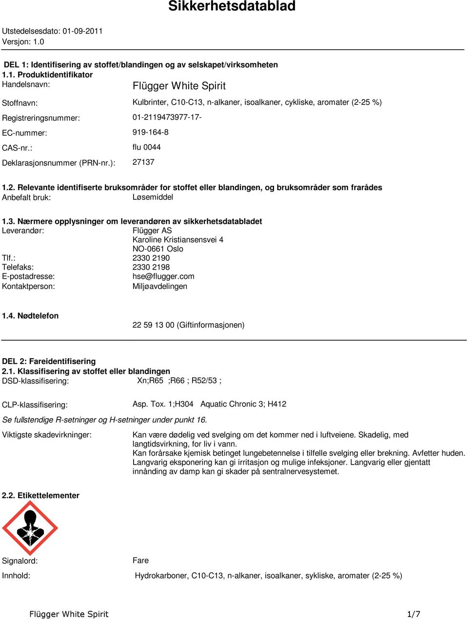 Relevante identifiserte bruksområder for stoffet eller blandingen, og bruksområder som frarådes Anbefalt bruk: Løsemiddel 13 Nærmere opplysninger om leverandøren av sikkerhetsdatabladet Leverandør: