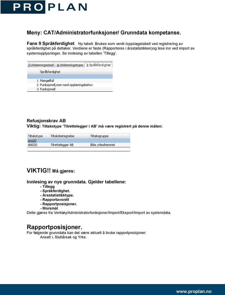 Refusjonskrav AB Viktig: Tiltakstype Tilrettelegger i AB må være registrert på denne måten: VIKTIG!! Må gjøres: Innlesing av nye grunndata. Gjelder tabellene: - Tillegg - Språkferdighet.