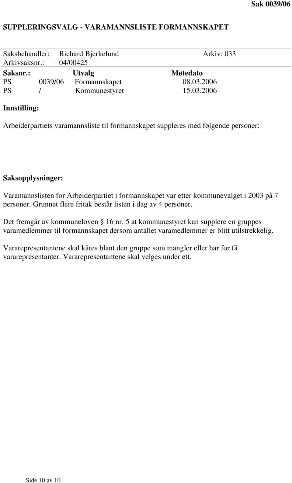 2003 på 7 personer. Grunnet flere fritak består listen i dag av 4 personer. Det fremgår av kommuneloven 16 nr.