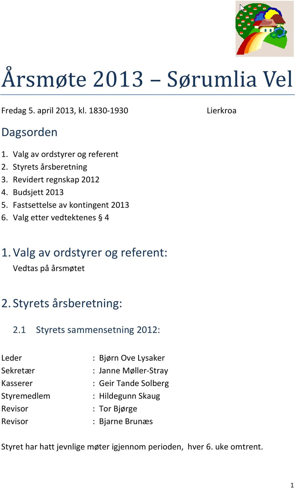 Valg av ordstyrer og referent: Vedtas på årsmøtet 2. Styrets årsberetning: 2.