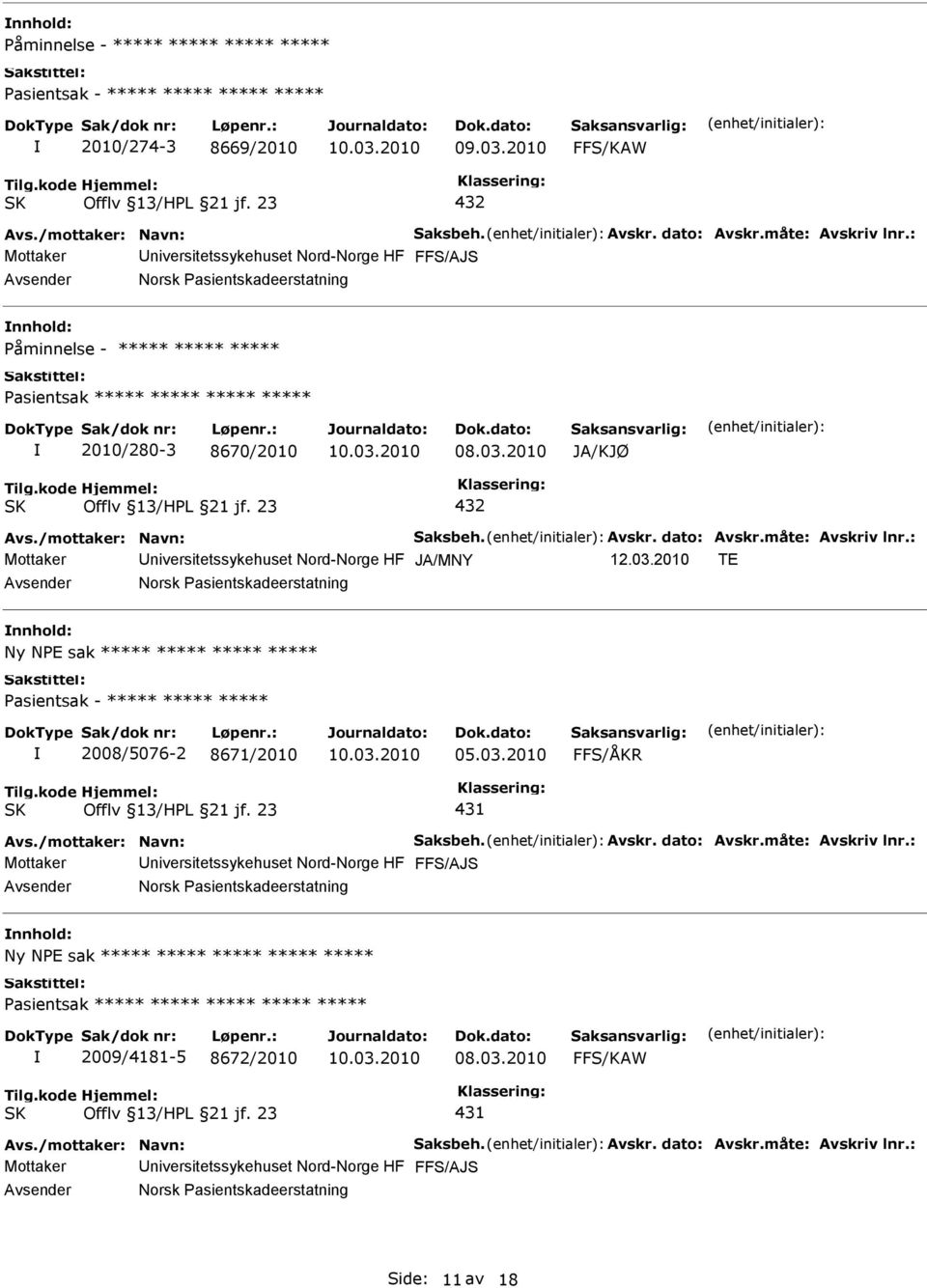 03.2010 FFS/ÅKR 431 Mottaker niversitetssykehuset Nord-Norge HF Norsk Pasientskadeerstatning Ny NPE sak ***** ***** ***** ***** ***** Pasientsak ***** ***** ***** ***** *****