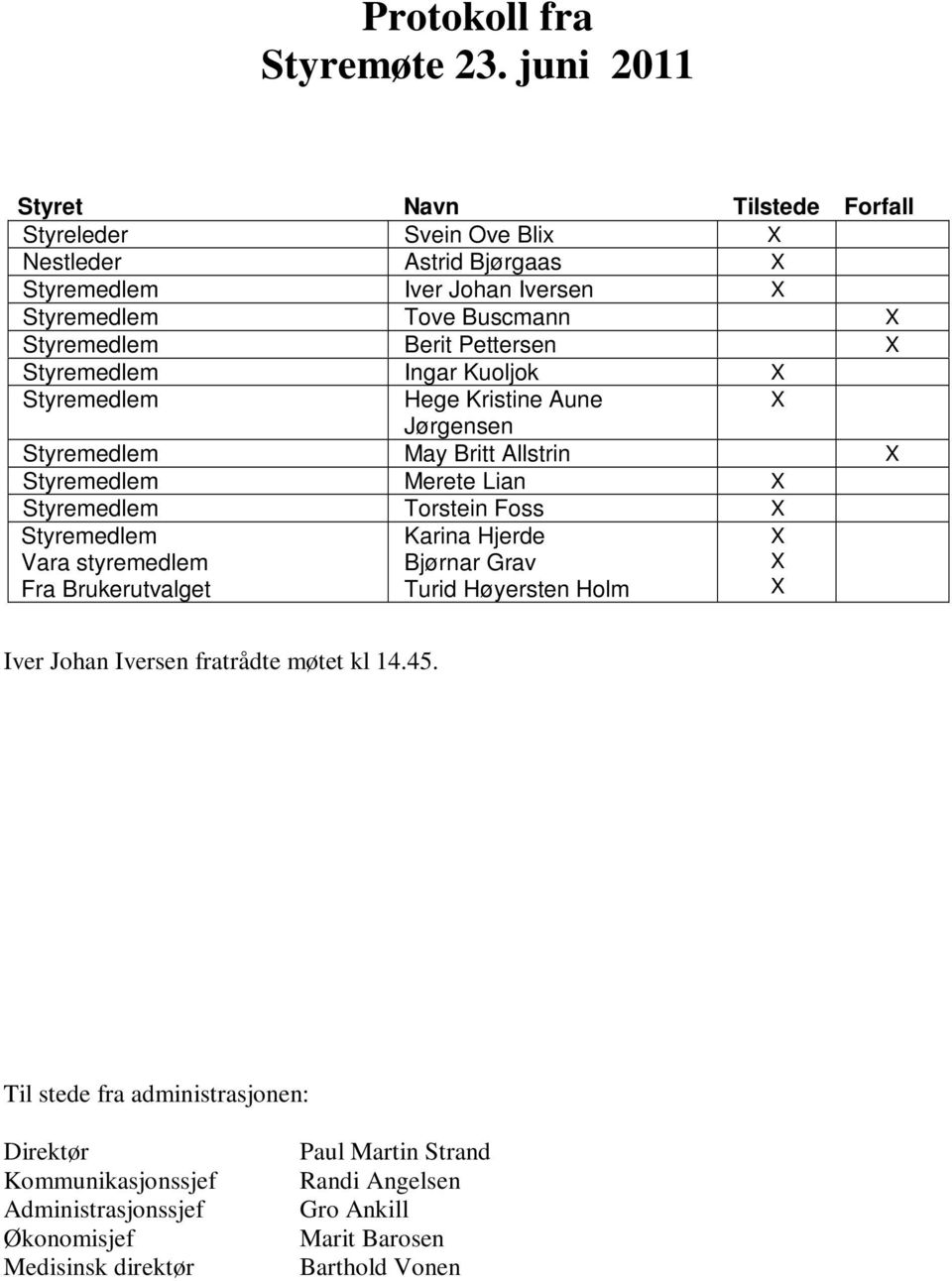 Pettersen X Styremedlem Ingar Kuoljok X Styremedlem Hege Kristine Aune X Jørgensen Styremedlem May Britt Allstrin X Styremedlem Merete Lian X Styremedlem Torstein Foss X