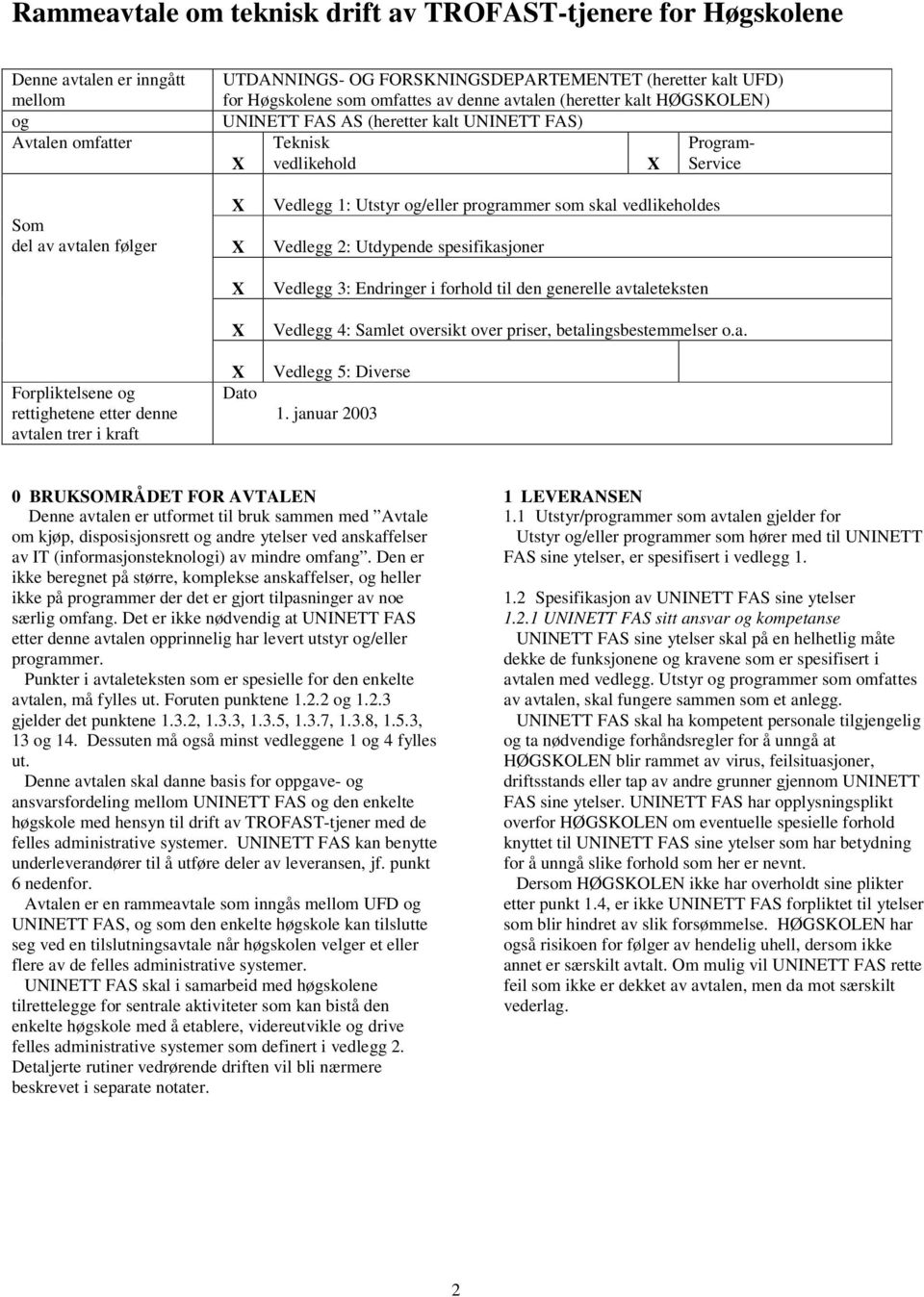 denne avtalen trer i kraft Dato Vedlegg 1: Utstyr og/eller programmer som skal vedlikeholdes Vedlegg 2: Utdypende spesifikasjoner Vedlegg 3: Endringer i forhold til den generelle avtaleteksten