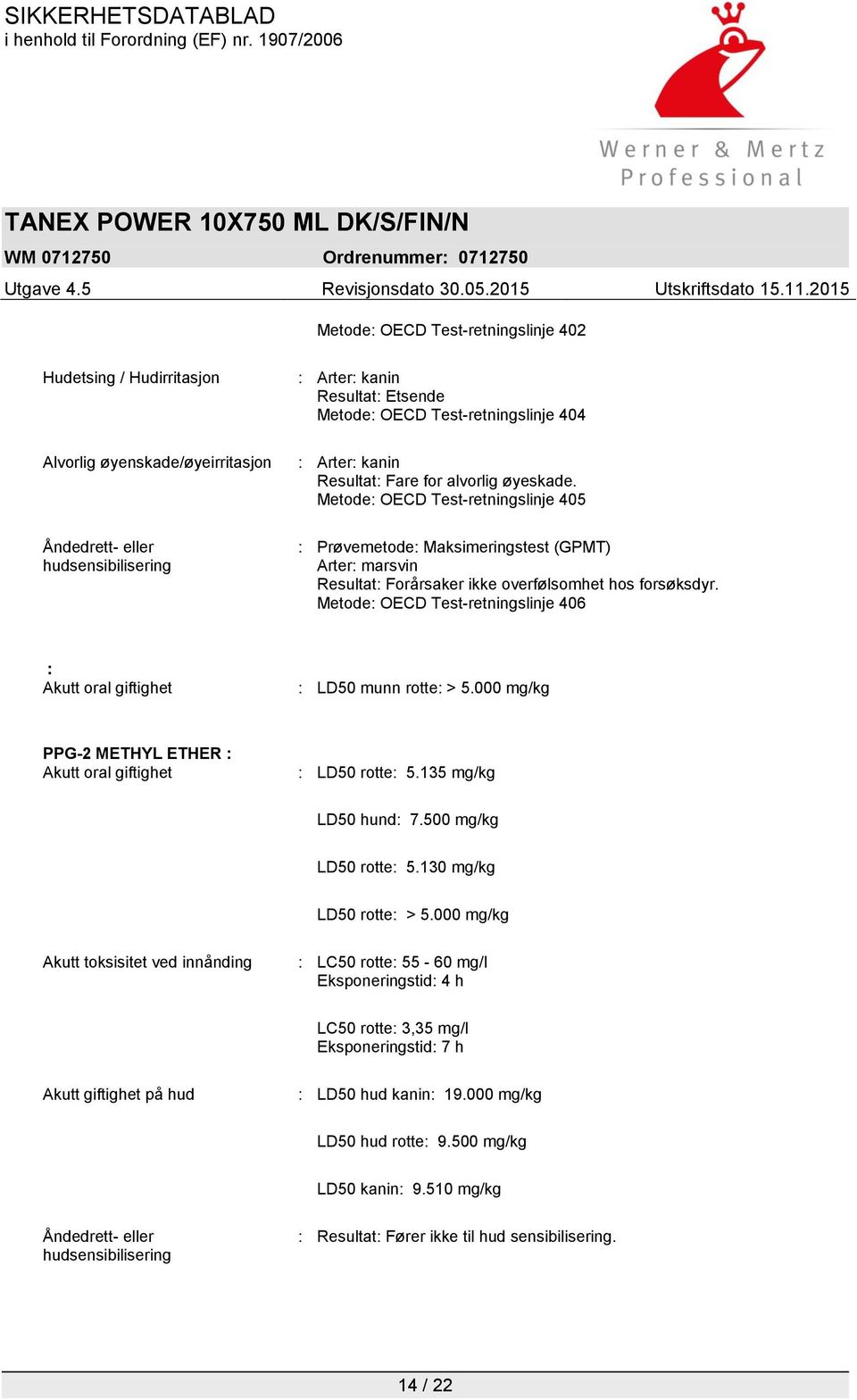 Metode: OECD Test-retningslinje 406 : Akutt oral giftighet : LD50 munn rotte: > 5.000 mg/kg PPG-2 METHYL ETHER : Akutt oral giftighet : LD50 rotte: 5.135 mg/kg LD50 hund: 7.500 mg/kg LD50 rotte: 5.