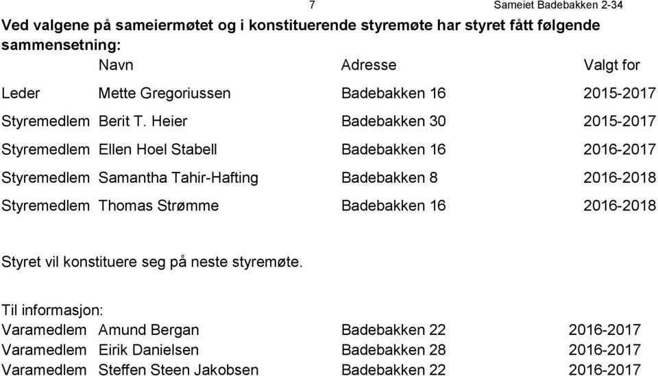 Heier Badebakken 30 2015-2017 Styremedlem Ellen Hoel Stabell Badebakken 16 2016-2017 Styremedlem Samantha Tahir-Hafting Badebakken 8 2016-2018 Styremedlem