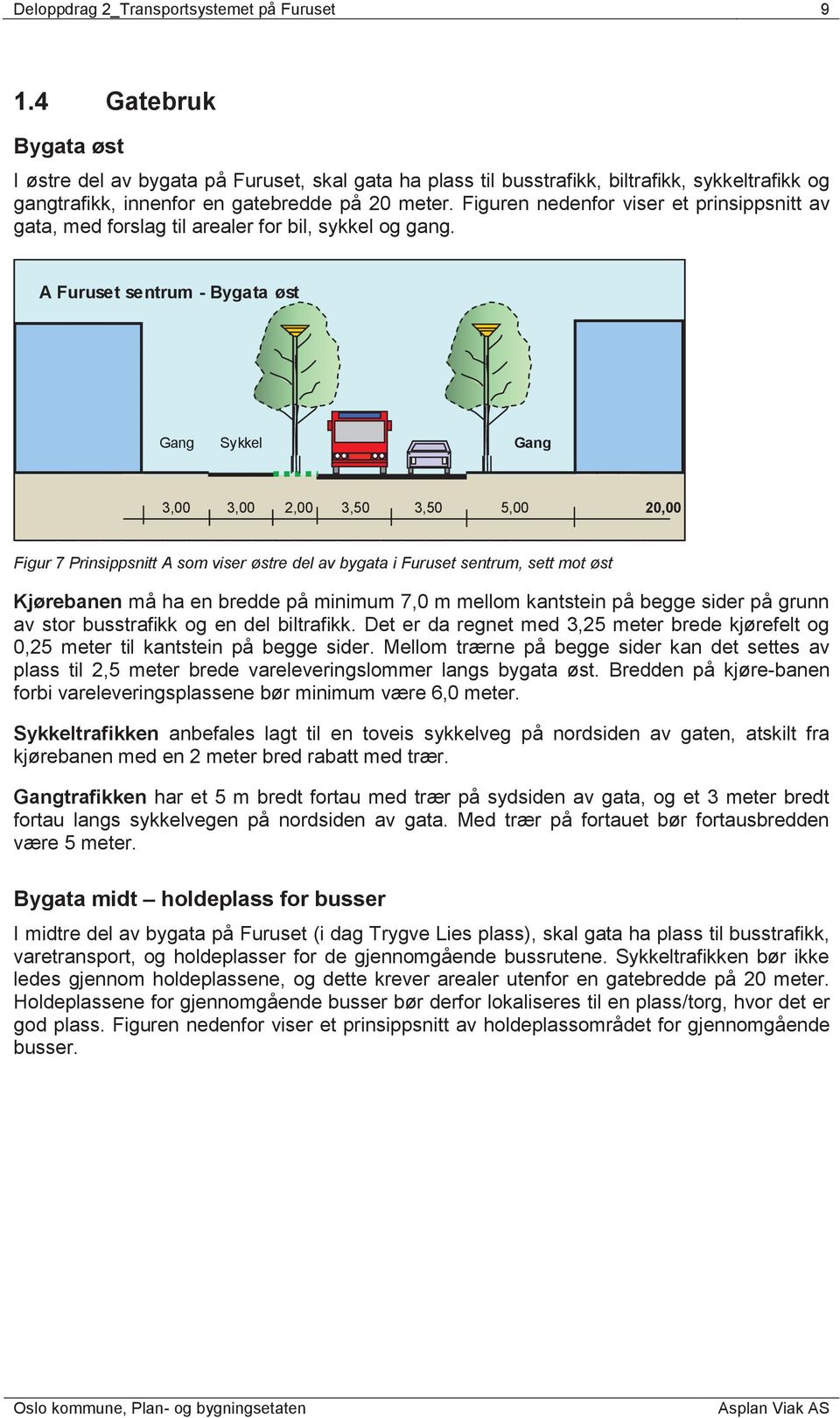 Figuren nedenfor viser et prinsippsnitt av gata, med forslag til arealer for bil, sykkel og gang.