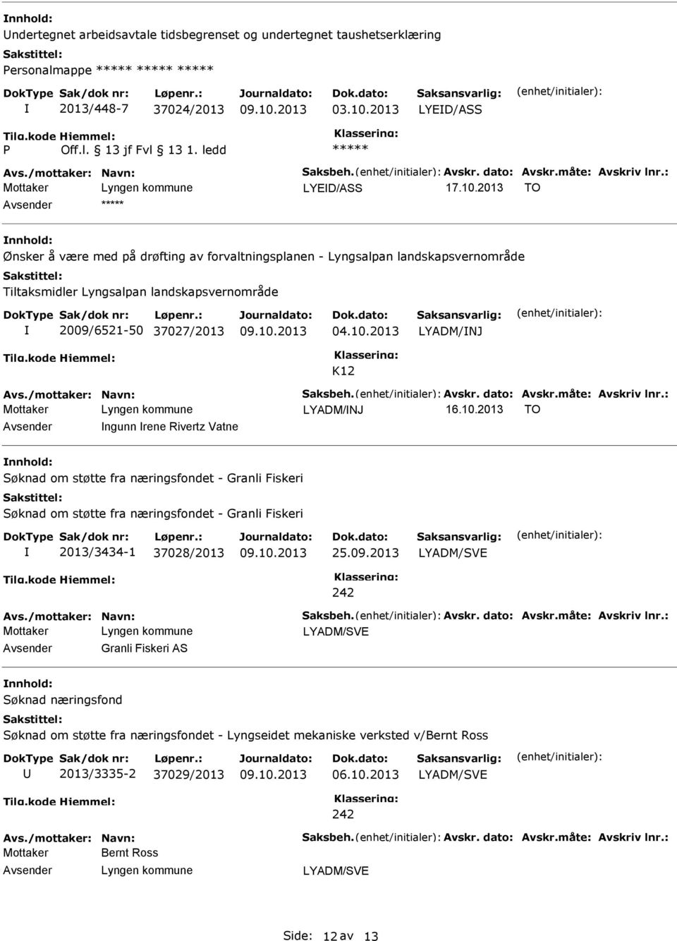 2013 TO nnhold: Ønsker å være med på drøfting av forvaltningsplanen - Lyngsalpan landskapsvernområde Tiltaksmidler Lyngsalpan landskapsvernområde 2009/6521-50 37027/2013 04.10.2013 LYADM/NJ K12 Avs.