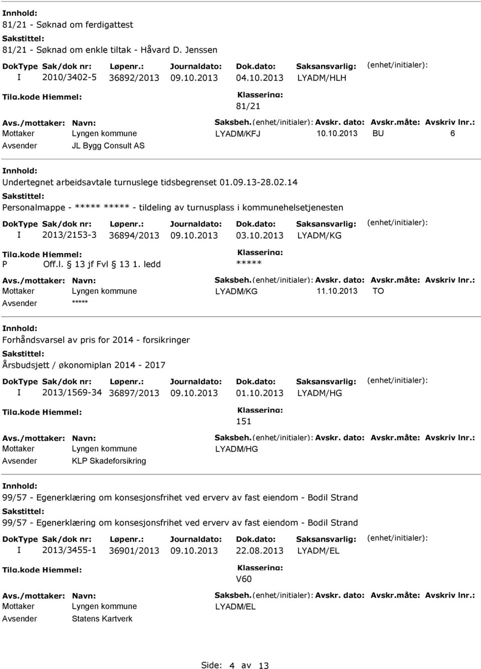 14 ersonalmappe - - tildeling av turnusplass i kommunehelsetjenesten 2013/2153-3 36894/2013 03.10.