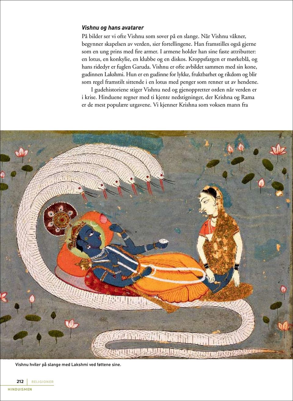 Kroppsfargen er mørkeblå, og hans ridedyr er fuglen Garuda. Vishnu er ofte avbildet sammen med sin kone, gudinnen Lakshmi.