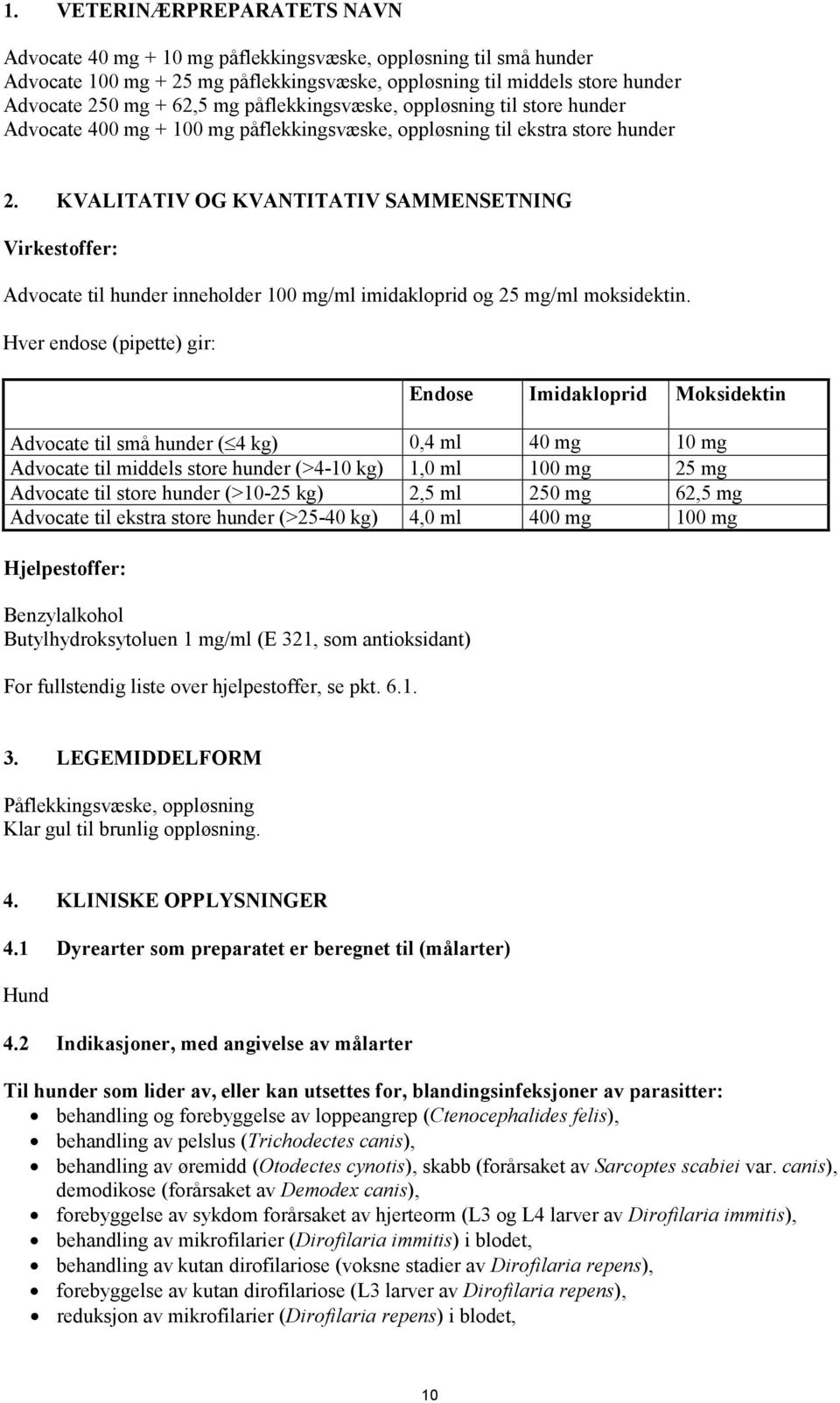 KVALITATIV OG KVANTITATIV SAMMENSETNING Virkestoffer: Advocate til hunder inneholder 100 mg/ml imidakloprid og 25 mg/ml moksidektin.