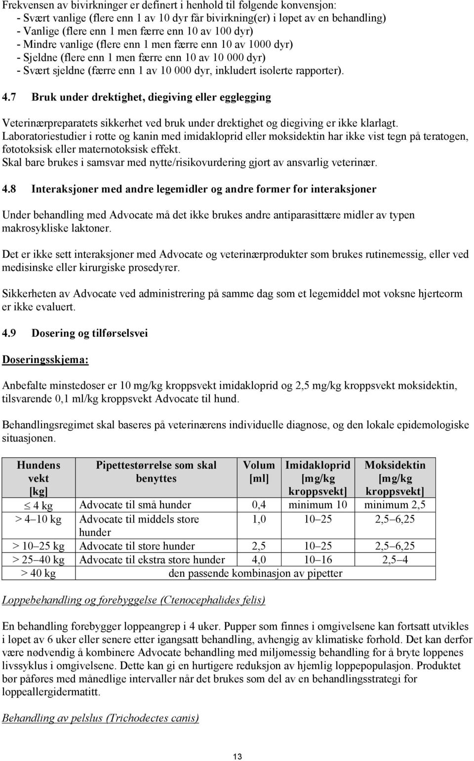 rapporter). 4.7 Bruk under drektighet, diegiving eller egglegging Veterinærpreparatets sikkerhet ved bruk under drektighet og diegiving er ikke klarlagt.