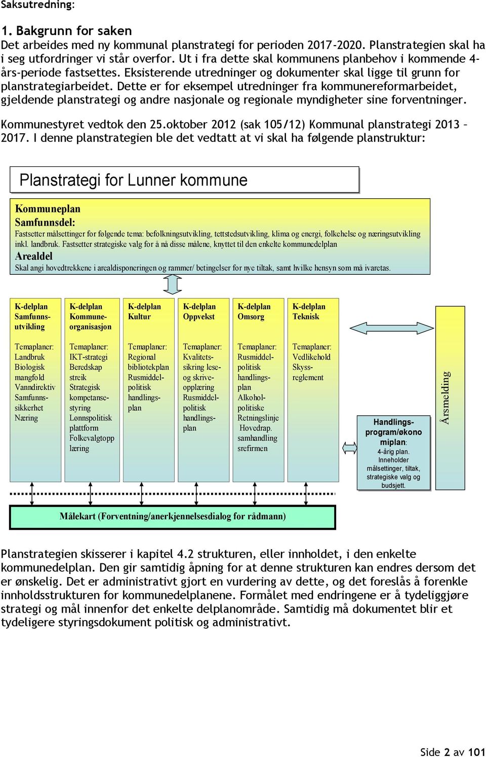 Dette er for eksempel utredninger fra kommunereformarbeidet, gjeldende planstrategi og andre nasjonale og regionale myndigheter sine forventninger. Kommunestyret vedtok den 25.