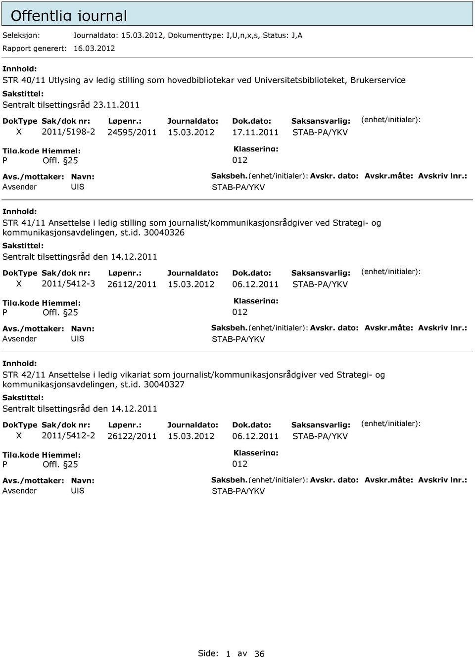 /mottaker: Navn: aksbeh. Avskr. dato: Avskr.måte: Avskriv lnr.: TAB-A/YKV TR 41/11 Ansettelse i ledig stilling som journalist/kommunikasjonsrådgiver ved trategi- og kommunikasjonsavdelingen, st.id.