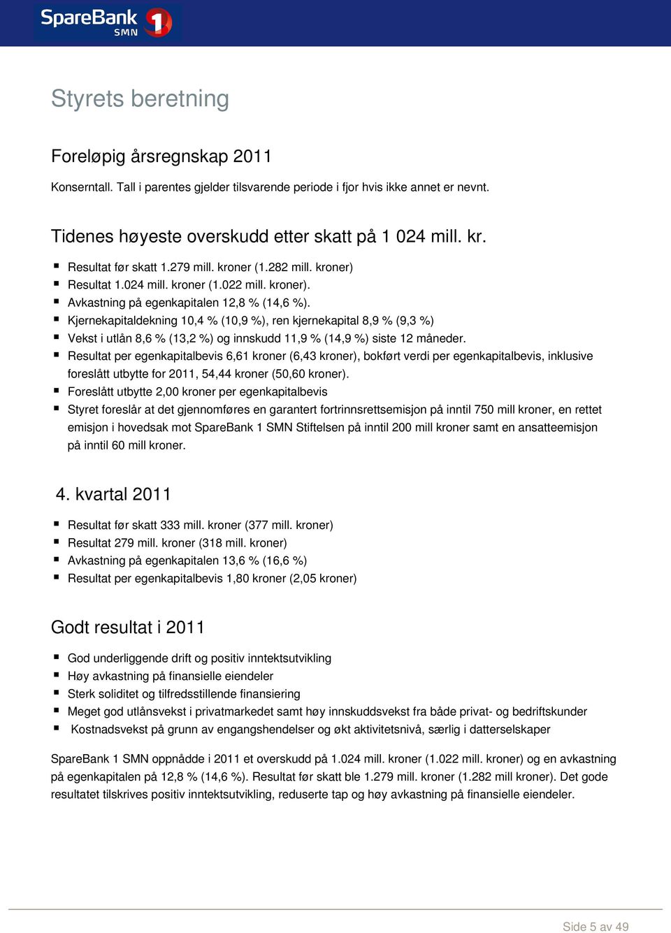 Kjernekapitaldekning 10,4 % (10,9 %), ren kjernekapital 8,9 % (9,3 %) Vekst i utlån 8,6 % (13,2 %) og innskudd 11,9 % (14,9 %) siste 12 måneder.