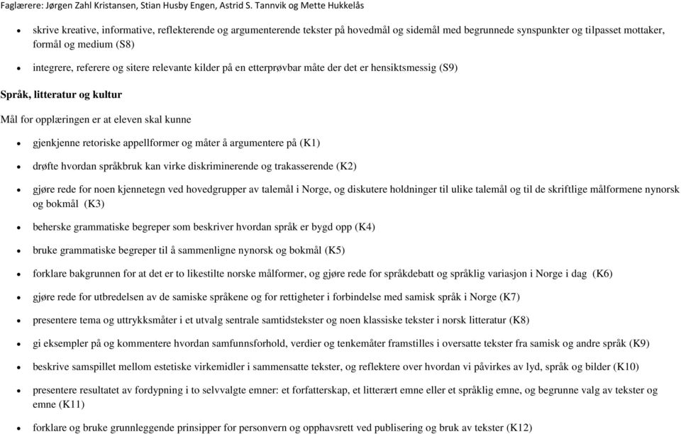 argumentere på (K1) drøfte hvordan språkbruk kan virke diskriminerende og trakasserende (K2) gjøre rede for noen kjennetegn ved hovedgrupper av talemål i Norge, og diskutere holdninger til ulike