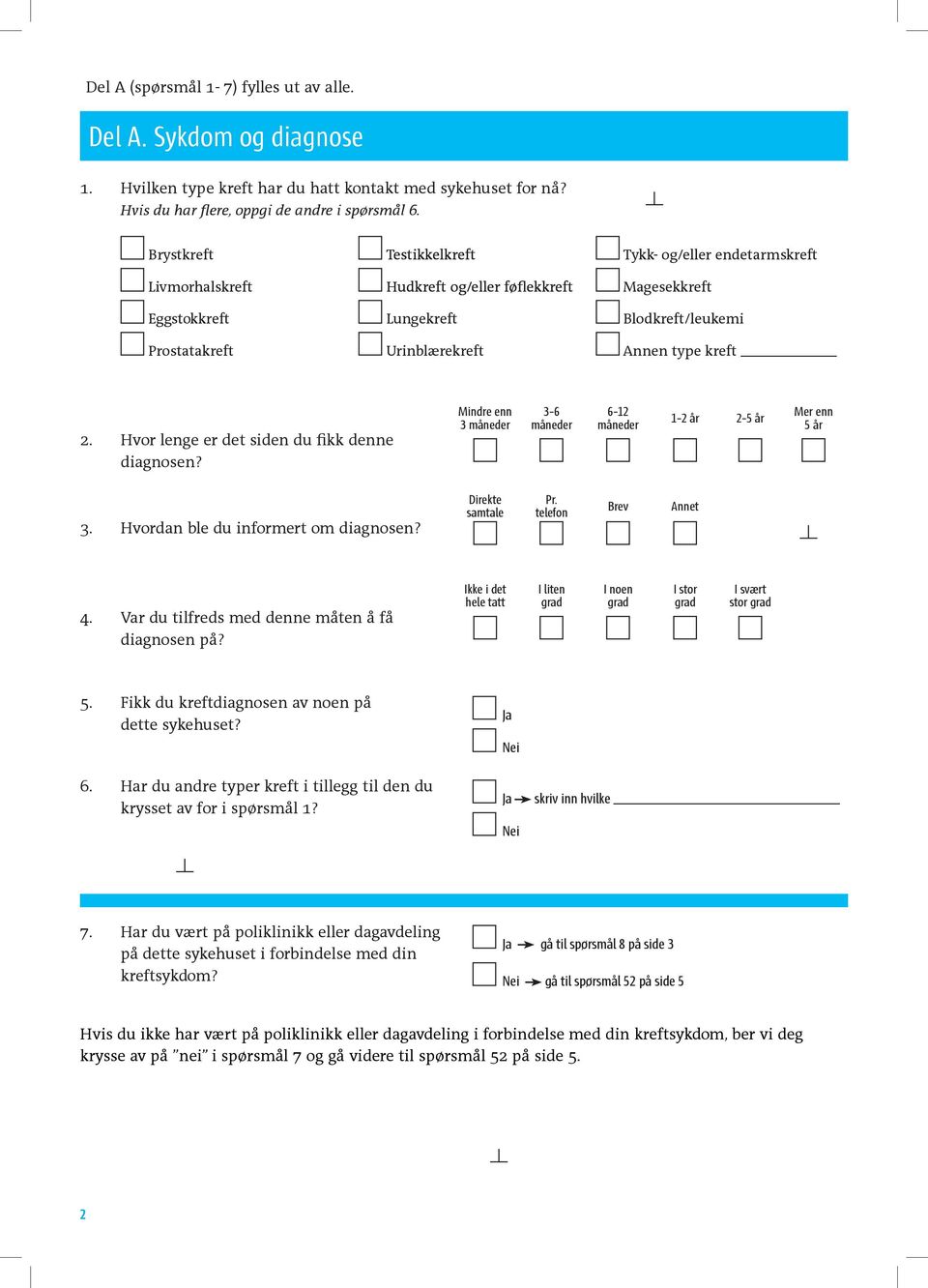 Prostatakreft Urinblærekreft Annen type kreft 2. Hvor lenge er det siden du fikk denne diagnosen? Mindre enn 3 måneder 3-6 måneder 6-12 måneder 1-2 år 2-5 år Mer enn 5 år 3.