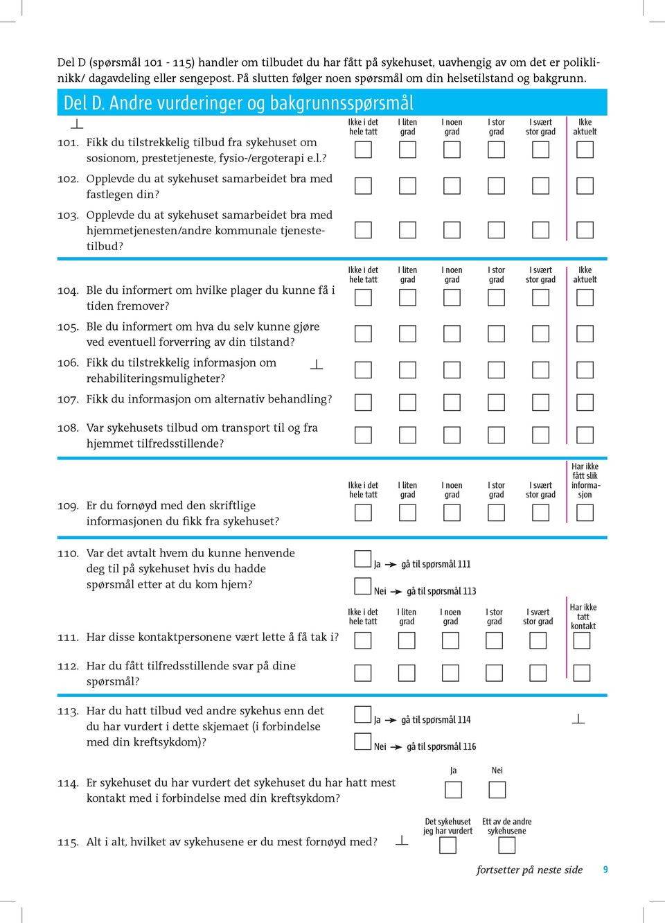 Fikk du tilstrekkelig tilbud fra sykehuset om sosionom, prestetjeneste, fysio-/ergoterapi e.l.? 102. Opplevde du at sykehuset samarbeidet bra med fastlegen din? 103.