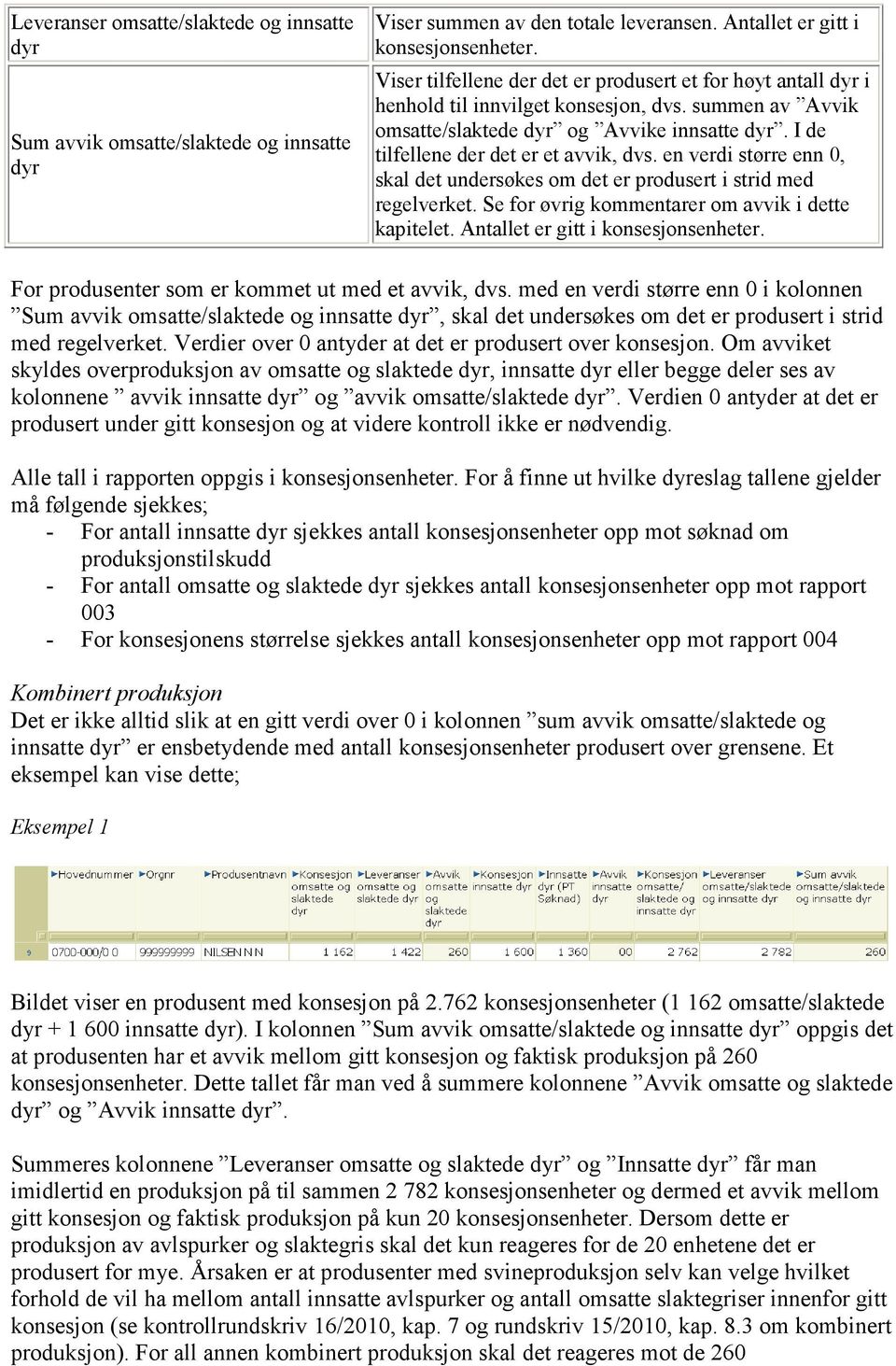 I de tilfellene der det er et avvik, dvs. en verdi større enn 0, skal det undersøkes om det er produsert i strid med regelverket. Se for øvrig kommentarer om avvik i dette kapitelet.