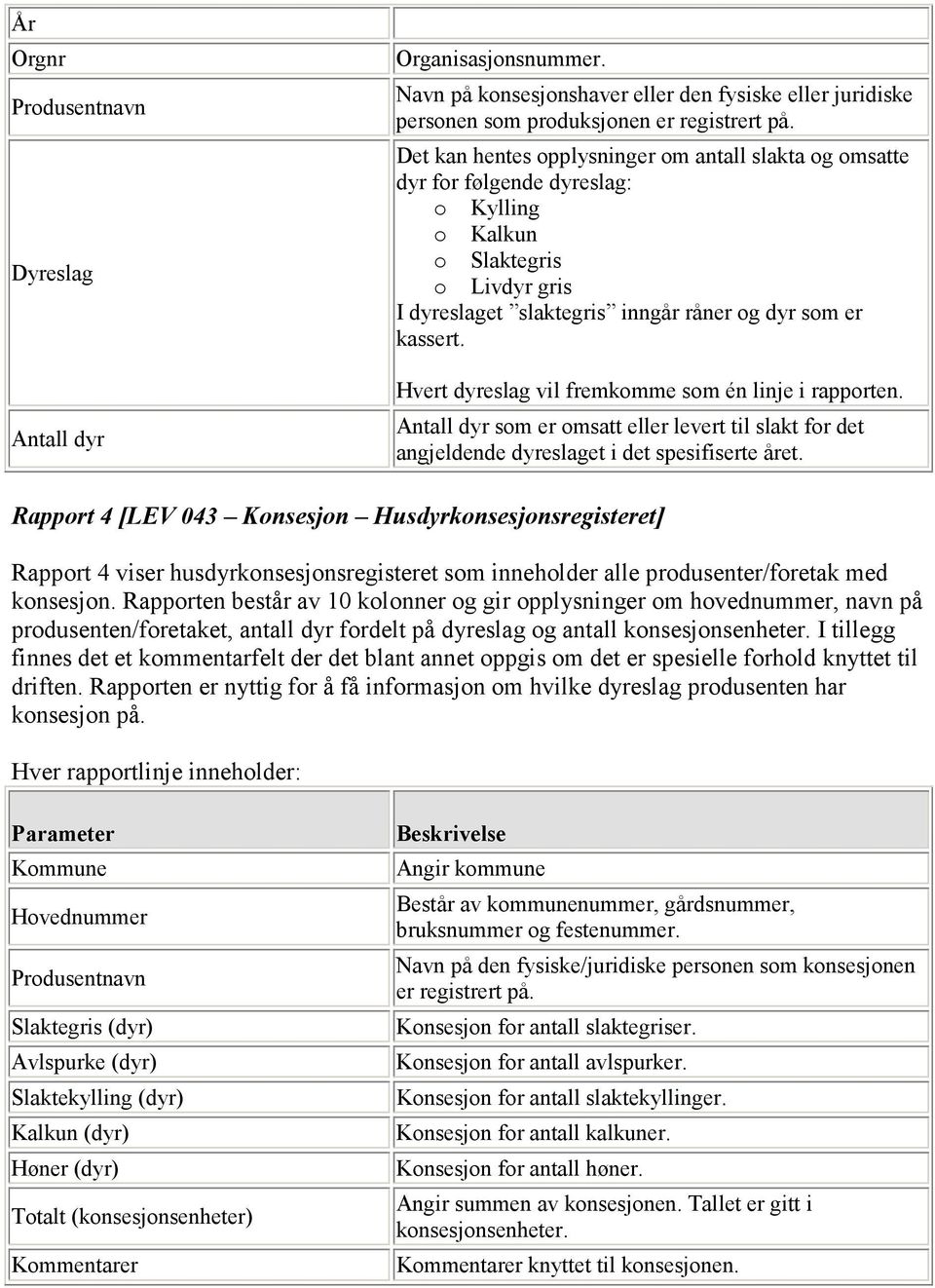 Hvert dyreslag vil fremkomme som én linje i rapporten. Antall dyr som er omsatt eller levert til slakt for det angjeldende dyreslaget i det spesifiserte året.